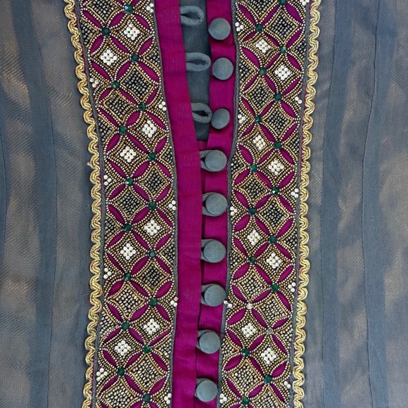Vintage Indian Anarkali Long Tunic Dress Gray Magenta Beaded Embroidered Size 38 - Picture 10 of 16